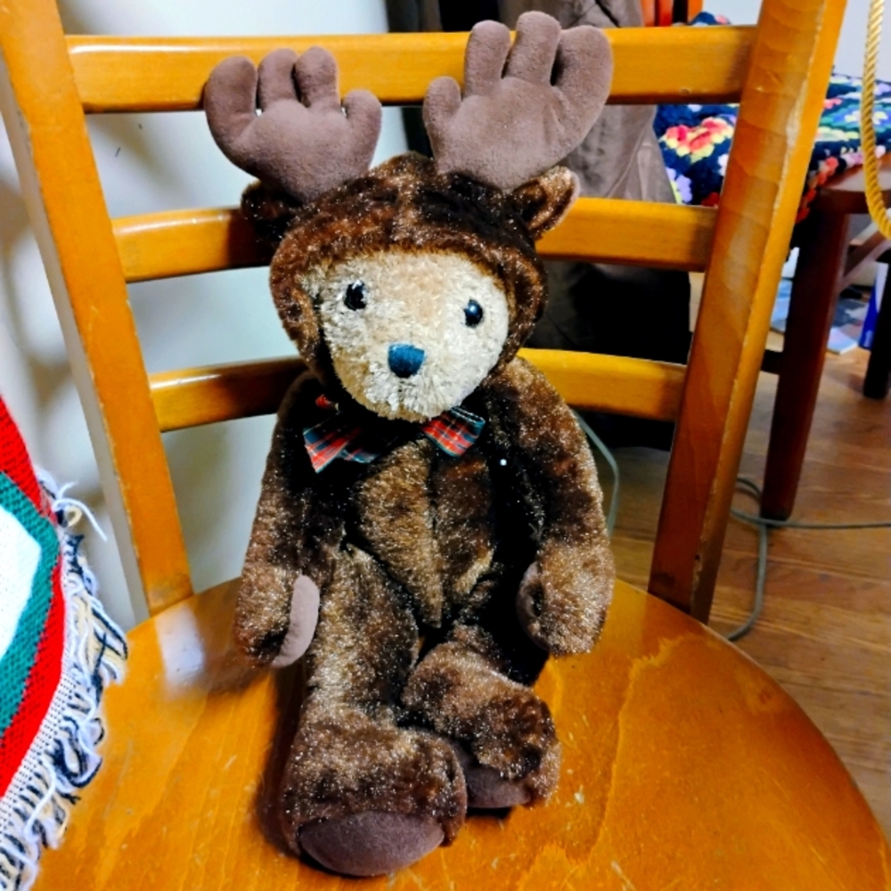 VTG Galerie Au Chocolat Teddy Bear Brown Reindeer Costume Christmas Plush 17”